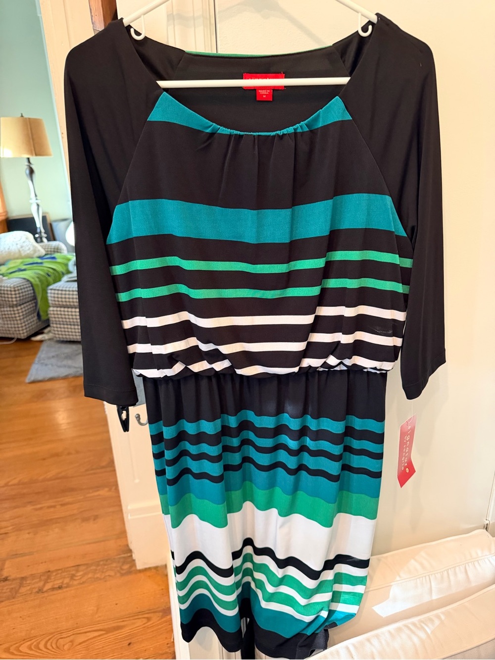 Signature by Sangria Black, Teal & Green Striped Long Sleeve Dress